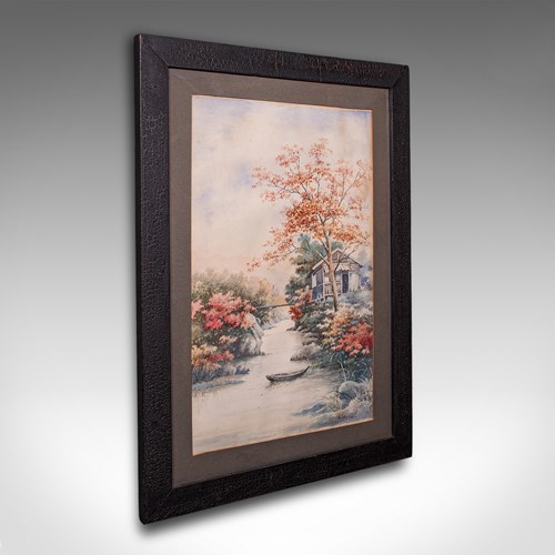 Vintage River Landscape Painting, Japanese School, Watercolour, Art, Mid Century