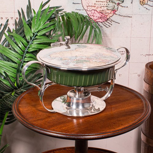 Antique Food Warmer, English Ceramic, Silver Plate, Chafing Heat Dish, Edwardian