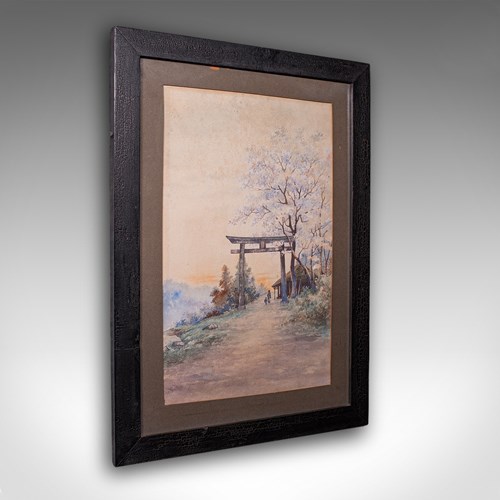 Vintage Torii Gate Landscape Painting, Japanese School, Watercolour, Art, C.1960