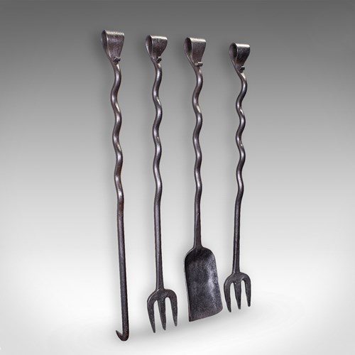 4 Antique Country House Inglenook Fire Tools, English, Companion Set, Victorian