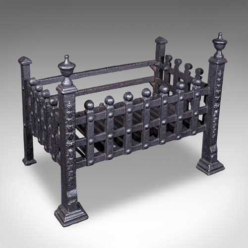 Antique Fire Basket, English, Wrought Iron Fireplace Grate, Victorian, C.1885