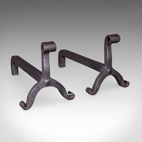 Pair Of Antique Firedogs, English, Estate Made Wrought Iron, Andirons, Victorian