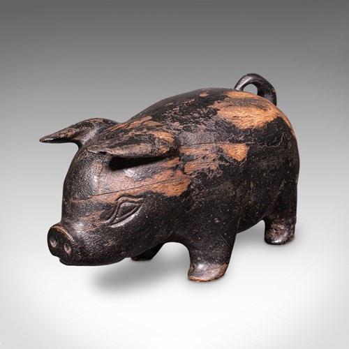 Vintage Carved Piglet Figure, English, Treen, Ebonised, Farmyard, Mid Century