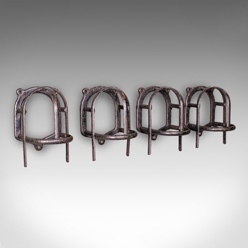 Set Of 4 Antique Crop Hanging Racks, English, Iron, Hooks, Equestrian, Victorian