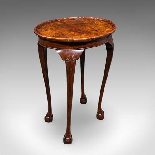 Antique Oval Side Table, English, Burr Walnut, Lamp, Wine, Pie Crust, Edwardian