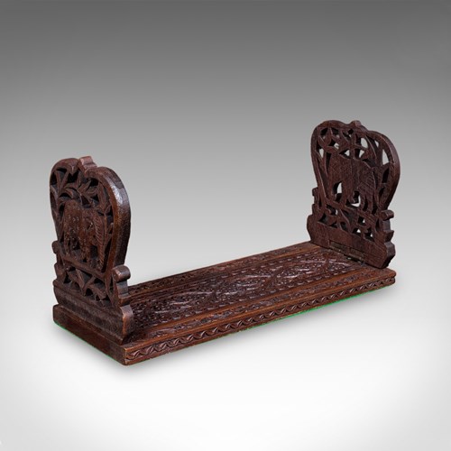 Vintage Elephant Motif Book Slide, Anglo-Indian, Teak, Library Stand, Art Deco