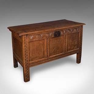 Antique Coffer, English, Oak, Linen...