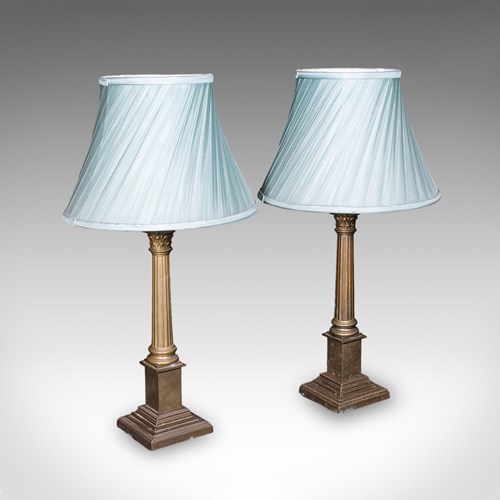 Pair Of Vintage Table Lamps, Portuguese, Brass, Accent Light, Corinthian Order