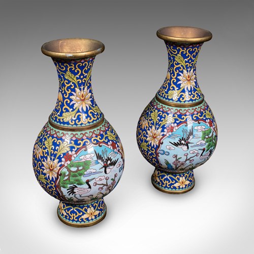 Pair Of Vintage Baluster Form Vases, Oriental, Cloisonne, Posy Urn, Circa 1960