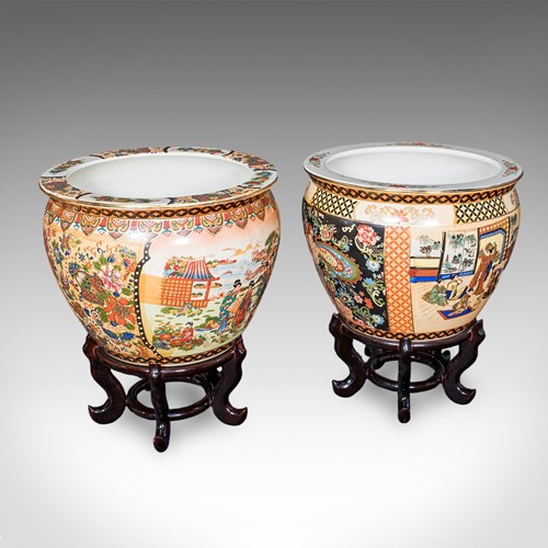 Vintage Planter On Stand Duo, Japanese, Ceramic Fishbowl Jardiniere, Art Deco