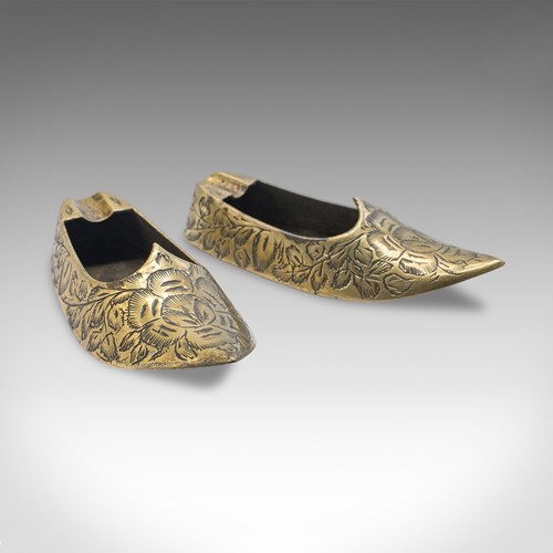Pair Of Small Vintage Slipper Ashtrays, Indian Brass Cigarette Rest, Mid Century