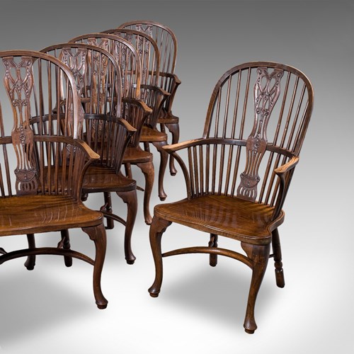 Set Of 6 Vintage Windsor Chairs, English, Victorian Revival, Country House Seat