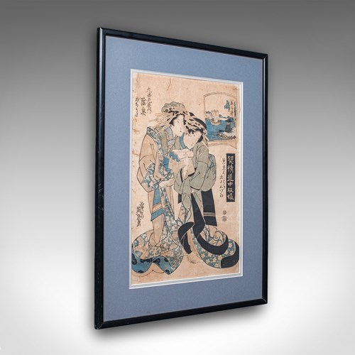 Antique Woodblock Picture, Japanese Framed Ukiyo-E Print, After Eisen, Victorian