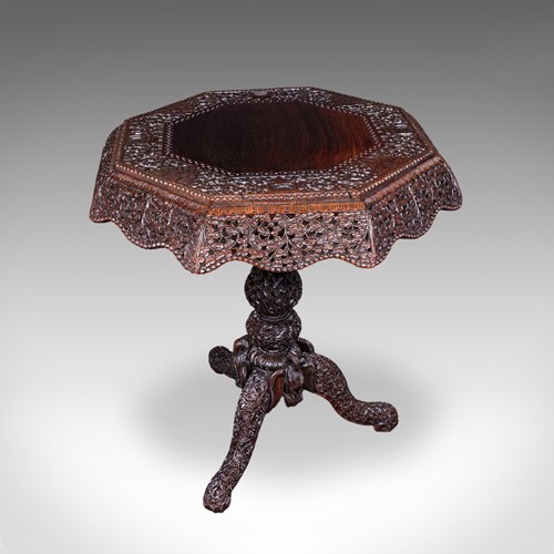 Antique Carved Tea Table, Burmese, Teak, Octagonal, Lamp, Side, Victorian, 1860