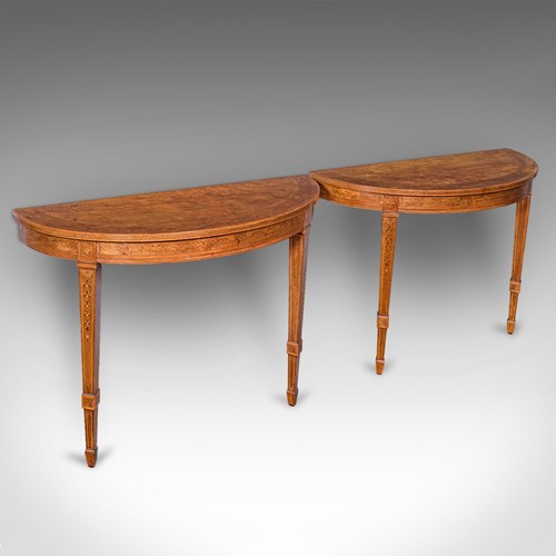 Pair Of Antique Demi Lune Side Tables, English, Neoclassical, Sheraton, Georgian