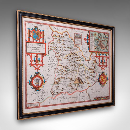 Antique Map Of Breconshire, English, Framed, John Speed, Dual Sided, Circa 1627