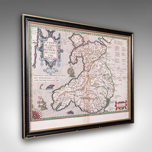 Antique Map Of Wales, Belgian, Framed Atlas Excerpt, Elizabethan, Humphrey Llwyd