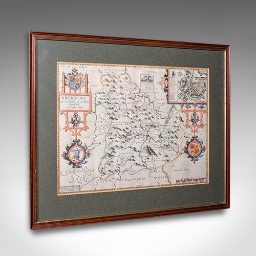 Vintage Map Of Breconshire, Breknoke, English, Framed Reproduction, John Speed