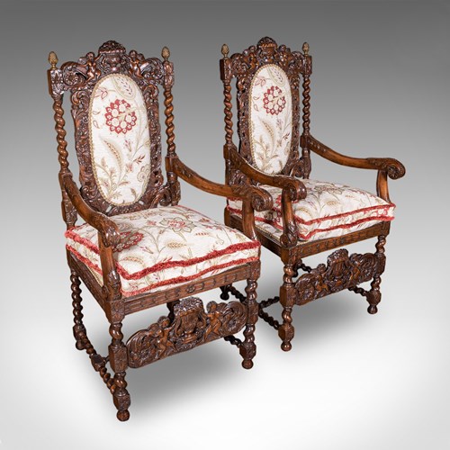 Pair Of Antique Charles II Revival Arm Chairs, English, Elbow Seat, Edwardian