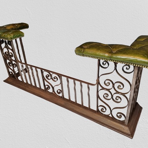 Fine Quality Wrought Iron Club Fender With Green Leather Seat