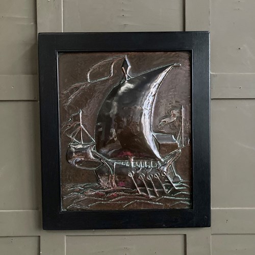 Arts And Crafts Copper Panel - 'Norse Ship'