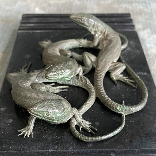 19Th C. Bronze Lizards Marble Paperweight