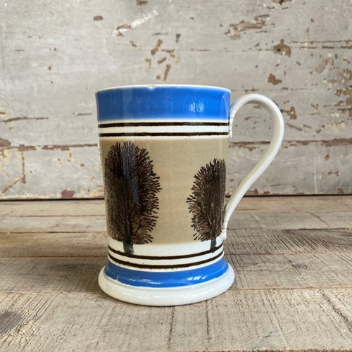 Antique Mochaware Quart Tankard - Blue/Tan