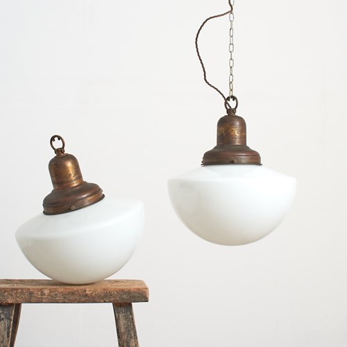 Pair Of Antique Church Opaline Glass Pendant Lights By Maxlume