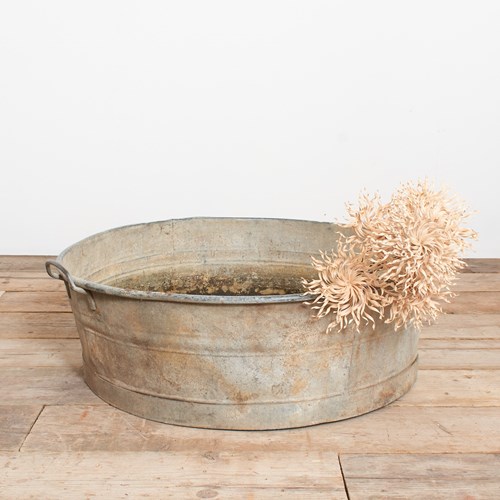 Large Round Vintage Galvanised Zinc Bath Garden Planter -K