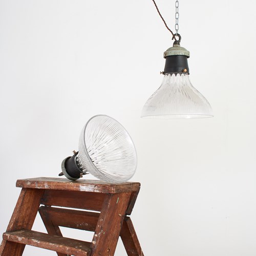 Pair Of Antique Reclaimed Glass Holophane Pendant Lights