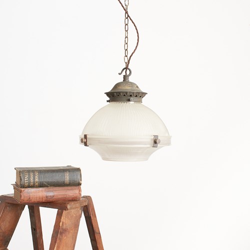 Antique 12″ Large Holophane Church Pendant 2 Part Reflector Refractor Light – A