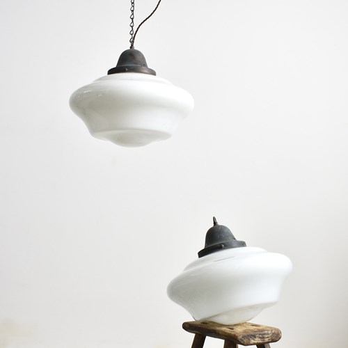 Pair Of Large Antique Church Opaline Pendant Lights