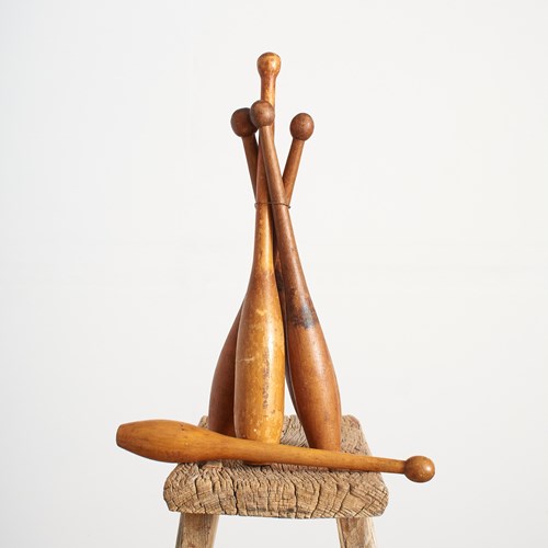 Collection Of 5 Antique Wooden Indian Exercise Juggling Clubs