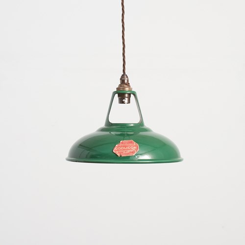 Original Antique 9″ Green Coolicon Enamel Pendant Light -C