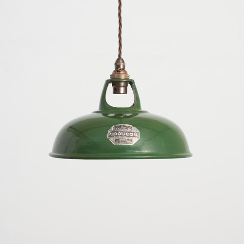 Original Antique 9″ Green Coolicon Enamel Pendant Light -D
