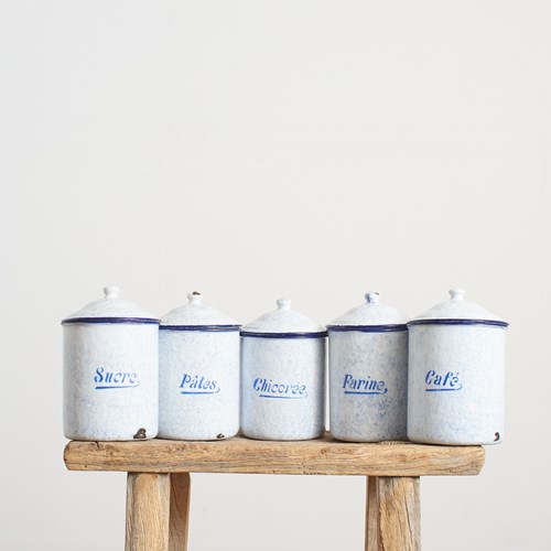 Set Of Five Vintage French Enamel Kitchen Storage Jars