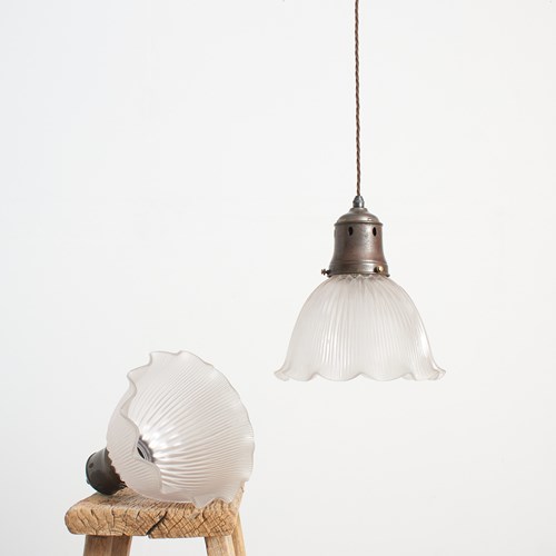 Pair Of Large Antique Glass Holophane Frill Pendant Lights