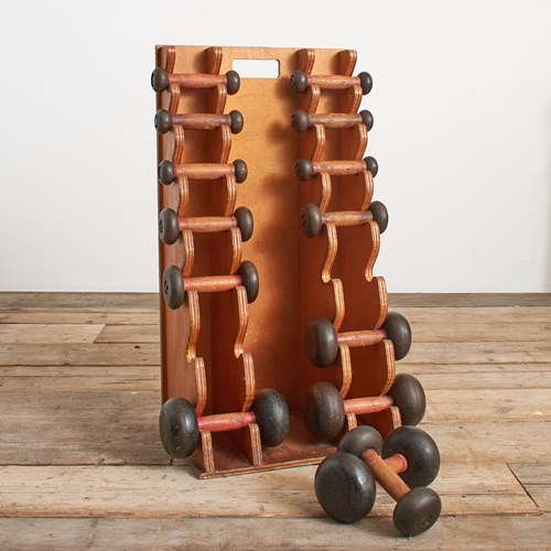 Antique French Wooden Cast Iron Dumbell Exercise Weight Set