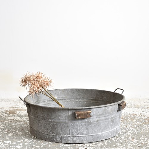 Large Round Vintage Galvanised Zinc Bath Garden Planter -J