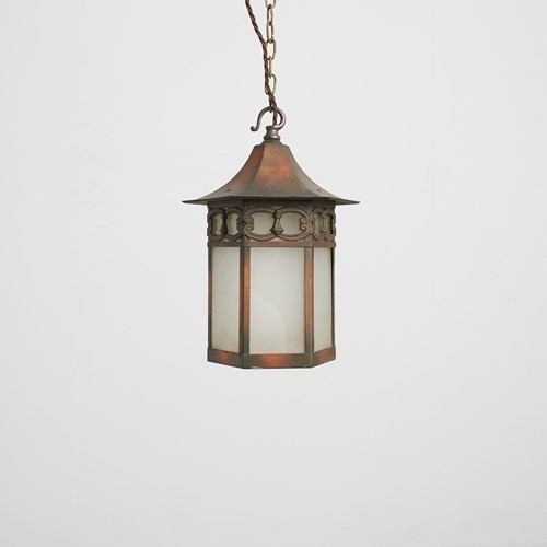 Antique Arts And Crafts Glass Hexagonal Lantern Pendant Light