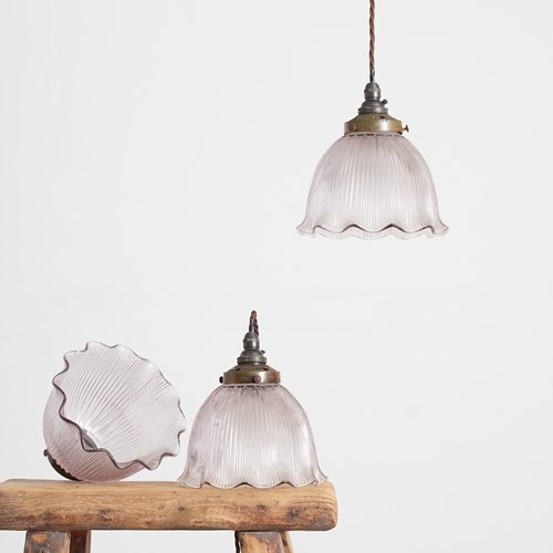 Trio Of Antique Reclaimed Holophane Glass Pendant Lights