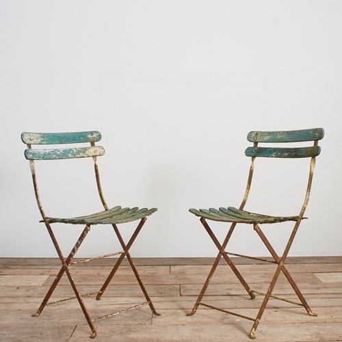 Pair Of Antique French Folding Slatted Garden Bistro Chairs