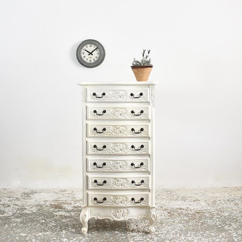 French Louis Style Tall Chest Of Drawers In Antique White