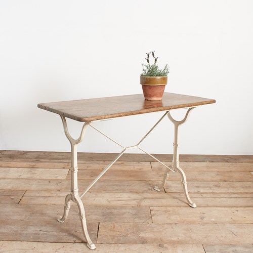 Antique French Wrought Iron Garden Bistro Table Wooden Top