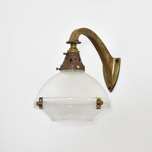 Antique Brass Wall Light With Holophane Glass Shade