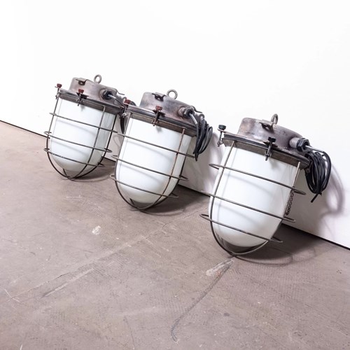  1960'S Industrial Ships Ceiling Pendant Lamps/Lights - With Caged Opalescent Gl