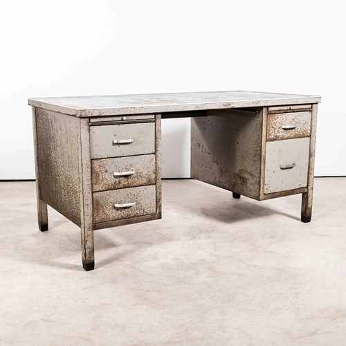 1950'S Original Steel Double Drawer Industrial Desk