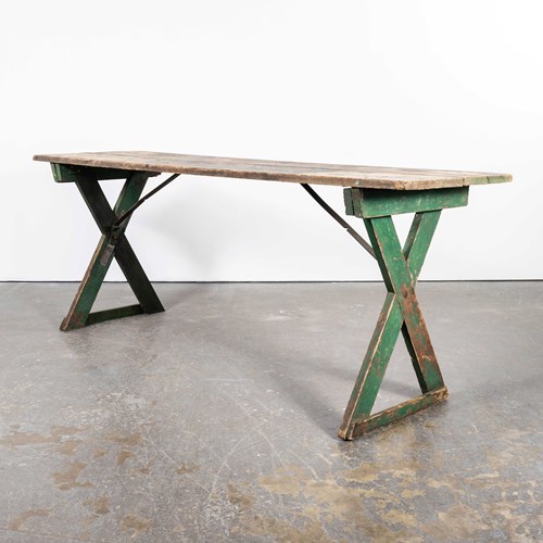 1950'S Original French Farm Trestle Dining Table - Green