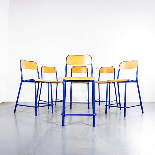 1970'S French Mullca Blue Stacking D Back High Bar Chair/Stool - Set Of Six