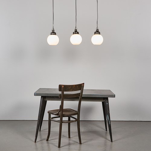 1940'S Original Small Industrial Opaline Globe Pendant Lamp - 18 Cm